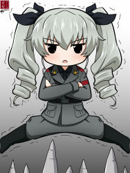 Rule 34 | 1girl, absurdres, aikazilla, alternate eye color, anchovy (girls und panzer), anzio military uniform, artist logo, belt, black belt, black eyes, black footwear, black necktie, black ribbon, black shirt, boots, commentary, crossed arms, dress shirt, drill hair, frown, girls und panzer, gradient background, green hair, grey background, grey jacket, grey pants, hair ribbon, highres, jacket, knee boots, long hair, long sleeves, looking at viewer, military, military uniform, necktie, open mouth, pants, ribbon, sam browne belt, shirt, solo, spikes, split, trembling, twin drills, twintails, uniform, wing collar