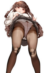 Rule 34 | 1girl, blouse, blunt bangs, blush, breasts, brown hair, brown pantyhose, clothes lift, from below, grey skirt, highres, large breasts, lifted by self, long hair, long sleeves, looking at viewer, original, panties, panties under pantyhose, pantyhose, parted lips, red eyes, saburou (hgmg), shirt, sidelocks, simple background, skirt, skirt lift, smile, solo, thighband pantyhose, underwear, white background, white panties, white shirt