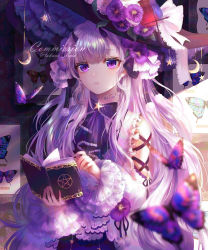 Rule 34 | 1girl, absurdres, bad id, bad pixiv id, black ribbon, blurry, blurry foreground, bug, butterfly, commission, floating hair, highres, holding, horns, indoors, insect, long hair, original, parted lips, purple eyes, ribbon, silver hair, slit pupils, solo, standing, takano jiyuu, twitter username, very long hair, watermark