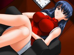 Rule 34 | 1girl, artist request, blue hair, breasts, brown eyes, chair, character request, dutch angle, female focus, huge breasts, impossible clothes, impossible shirt, indoors, jpeg artifacts, legs, crossed legs, miniskirt, shirt, sitting, skirt, solo, source request, thighs