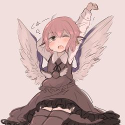 Rule 34 | 1girl, animal ears, bad id, bad twitter id, bird ears, bird wings, blush, brown dress, brown thighhighs, dress, earrings, feathered wings, green eyes, grey background, hand up, highres, jewelry, long sleeves, looking at viewer, mystia lorelei, neck ribbon, one eye closed, pink hair, ribbon, round teeth, simple background, sitting, solo, spread wings, squeans, stretching, teeth, thighhighs, touhou, tsukiori, upper teeth only, wings, yawning