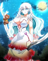 Rule 34 | 1girl, artemis (fate), ass, bare shoulders, blue eyes, breasts, cleavage, collarbone, commentary request, dress, fate/grand order, fate (series), full moon, highres, jewelry, large breasts, long hair, looking at viewer, moon, necklace, night, open mouth, orion (bear) (fate), outdoors, sitting, sky, star (sky), starry sky, stuffed animal, stuffed toy, teddy bear, white hair, yoroi kabuto