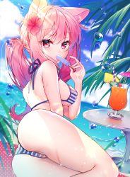 Rule 34 | 1girl, animal ears, armpit crease, ass, bad id, bad twitter id, bare shoulders, bikini, breasts, cat ears, cup, day, drinking glass, flower, food, food in mouth, hair flower, hair ornament, halterneck, hibiscus, highres, holding, hurricane glass, kawachi rin, long hair, looking at viewer, medium breasts, ocean, original, outdoors, pink hair, popsicle, popsicle in mouth, red eyes, sitting, solo, striped bikini, striped clothes, sunlight, swimsuit, twintails, water