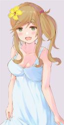 Rule 34 | bare arms, blonde hair, blush, breasts, cleavage, collarbone, dress, fang, file112056, flower, green eyes, hair bobbles, hair flower, hair ornament, highres, inuyama aoi, large breasts, looking at viewer, open mouth, ponytail, side ponytail, skin fang, smile, solo, thick eyebrows, white dress, yurucamp