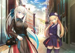Rule 34 | 2girls, absurdres, alternate costume, arms behind back, artoria caster (fate), artoria pendragon (fate), bag, beret, black bag, black dress, blonde hair, blue bow, blue eyes, blue headwear, blue ribbon, blue skirt, blue thighhighs, blue vest, bow, braid, breasts, building, chain, chain necklace, closed mouth, cloud, cloudy sky, collared dress, collared shirt, contemporary, dress, fate/grand order, fate (series), french braid, green eyes, grey hair, hair between eyes, hair bow, handbag, hat, highres, jewelry, long hair, long sleeves, looking at viewer, medium breasts, mishiro (ixtlolton), morgan le fay (fate), multiple girls, neck ribbon, necklace, parody, pavement, ponytail, ribbon, sett, shirt, sidelocks, skirt, sky, smile, style parody, takeuchi takashi (style), thighhighs, twintails, very long hair, vest, white shirt