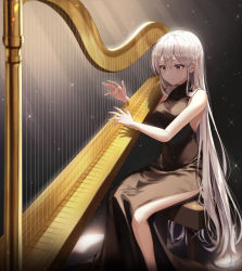 Rule 34 | 1girl, bare shoulders, bench, black dress, blush, breasts, commentary request, dress, ekina (1217), grey eyes, hair between eyes, harp, highres, instrument, light particles, light rays, long hair, medium breasts, music, nail polish, original, playing instrument, side slit, sitting, sleeveless, sleeveless dress, smile, solo, sparkle, stool, very long hair, white hair, white nails