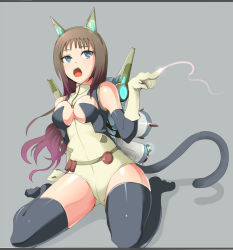 Rule 34 | 1girl, animal ears, bad id, bad pixiv id, blue eyes, brown hair, elbow gloves, fang, gloves, kasai shin, kneeling, long hair, open mouth, original, robot ears, solo, tail, thighhighs