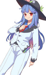 Rule 34 | 1girl, absurdres, alternate costume, black headwear, blue hair, closed mouth, commentary, english commentary, food, formal, fruit, highres, hinanawi tenshi, jacket, leaf, long hair, long sleeves, looking at viewer, necktie, pants, peach, red eyes, red necktie, simple background, smile, solo, touhou, vanilla flan, white background, white jacket, white pants