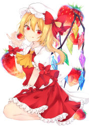 Rule 34 | 1girl, :q, absurdres, ascot, blonde hair, blurry, breasts, crystal, depth of field, flandre scarlet, food, food background, from side, fruit, hair between eyes, hat, hat ribbon, highres, holding, holding food, holding fruit, juice, licking lips, looking at viewer, mob cap, petticoat, puffy short sleeves, puffy sleeves, red eyes, red skirt, red vest, ribbon, seiza, shirt, short hair, short sleeves, side ponytail, simple background, sitting, skirt, skirt set, small breasts, solanikieru, solo, strawberry, tongue, tongue out, touhou, vest, white background, white hat, white shirt, wings, wrist cuffs, yellow ascot
