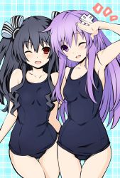 Rule 34 | 2girls, bare shoulders, black hair, blush, breasts, competition school swimsuit, d-pad, d-pad hair ornament, hair between eyes, hair ornament, iwashi dorobou -r-, long hair, looking at viewer, multiple girls, nepgear, neptune (series), one-piece swimsuit, one eye closed, open mouth, purple eyes, purple hair, red eyes, salute, school swimsuit, sidelocks, small breasts, swimsuit, uni (neptunia), very long hair