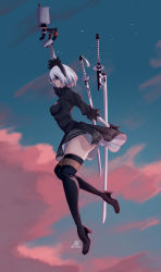 Rule 34 | 1girl, android, ass, blindfold, boots, elbow gloves, fur trim, gloves, grey hair, hairband, high heel boots, high heels, highres, legs, mole, mole under mouth, nier (series), nier:automata, red lips, short hair, solo, standing, sword, thighhighs, weapon, weapon on back, white hair, 2b (nier:automata)