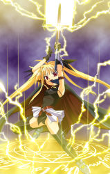 Rule 34 | 00s, 1girl, armpits, bardiche (nanoha), bardiche (zanber form) (nanoha), belt, black thighhighs, blonde hair, buckle, cape, electricity, fate testarossa, fate testarossa (lightning form), leotard, looking at viewer, lyrical nanoha, magic circle, mahou shoujo lyrical nanoha, mahou shoujo lyrical nanoha a&#039;s, nishi (count2.4), open mouth, red eyes, solo, spread legs, standing, thighhighs, zettai ryouiki