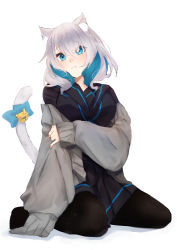 Rule 34 | 1girl, absurdres, animal ears, black pantyhose, black shirt, black skirt, blouse, blue eyes, cat ears, cat girl, cat tail, full body, grey jacket, highres, jacket, long sleeves, looking at viewer, mashiro io, multicolored hair, no shoes, open mouth, original, pantyhose, shirt, simple background, sitting, skirt, solo, streaked hair, tail, wariza, white background, white hair