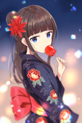 Rule 34 | 1girl, back bow, blue eyes, blue kimono, blunt bangs, blurry, blurry background, bow, brown hair, candy apple, covered mouth, eating, floral print, flower, food, gradient background, hair bun, hair flower, hair ornament, highres, holding, holding food, japanese clothes, kimono, long hair, looking at viewer, looking to the side, obi, original, ponytail, print kimono, sash, sidelocks, single hair bun, so korokoro, solo, sparks, yukata