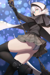 Rule 34 | 1girl, ahoge, ankle boots, aqua eyes, ass, black capelet, black footwear, black gloves, black sweater, black thighhighs, blue background, boots, breasts, capelet, commentary request, dydydyok, fate (series), from side, fur trim, gloves, gray (fate), grey skirt, highres, holding, holding weapon, hood, hood up, long sleeves, looking at viewer, looking to the side, lord el-melloi ii case files, medium breasts, miniskirt, panties, pantyshot, plaid, plaid skirt, pleated skirt, scythe, short hair, silver hair, skirt, solo, spiked footwear, stand (jojo), standing, sweater, thighhighs, thighs, underwear, v-shaped eyebrows, weapon, white capelet, white panties