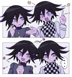 Rule 34 | ..., 2boys, black hair, checkered clothes, checkered scarf, danganronpa (series), danganronpa v3: killing harmony, finger to cheek, hair between eyes, heart, highres, looking at another, looking at viewer, looking to the side, male focus, multicolored hair, multiple boys, multiple persona, oma kokichi, open mouth, own hands together, pointing, pointing up, purple eyes, purple hair, scarf, school uniform, short hair, speech bubble, spoken ellipsis, star (symbol), straitjacket, sweat, two-tone hair, upper body, white background, wide-eyed, ynyntai