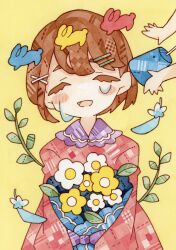 Rule 34 | 1girl, 1other, absurdres, blush, bouquet, branch, brown hair, closed eyes, collared dress, commentary request, dress, facing viewer, feathers, flower, hair ornament, hairclip, highres, holding, holding bouquet, leaf, long sleeves, lupin strawberry, open mouth, original, out of frame, painting (medium), rabbit, red dress, short hair, simple background, smile, solo focus, standing, string phone, tears, traditional media, upper body, watercolor (medium), white flower, yellow background, yellow flower