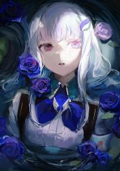 Rule 34 | 1girl, blue bow, blue flower, blue rose, blunt bangs, bow, bowtie, commentary request, flower, heterochromia, highres, lize helesta, long hair, looking at viewer, multicolored hair, nijisanji, open mouth, petals, pink eyes, purple eyes, purple flower, purple rose, rose, shirt, skyn blue, solo, streaked hair, upper body, virtual youtuber, water, white hair, white shirt, wing collar