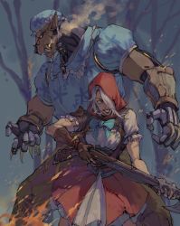 Rule 34 | 1boy, 1girl, animal ears, ashe (overwatch), axe, bayonet, black sclera, blue dress, blue eyes, bob (overwatch), bodice, bonnet, claws, clothed robot, colored sclera, crazy eyes, crazy smile, crossdressing, dress, fingerless gloves, gloves, gun, hair over one eye, height difference, highres, holding, holding gun, holding weapon, hood, hood up, little red ashe, official alternate costume, overwatch, overwatch 1, pajamas, red dress, red hood, rifle, robot, scar, scar across eye, scar on arm, scar on face, shadowyahaha, silver hair, smile, teeth, weapon, wolf ears