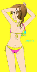 Rule 34 | 1girl, ass, bad id, bad pixiv id, bikini, breasts, brown eyes, butt crack, futami mami, idolmaster, idolmaster (classic), long hair, looking back, oomura, side ponytail, simple background, solo, swimsuit