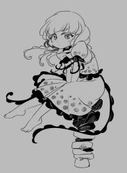 Rule 34 | 1girl, barefoot, between legs, chamaruk, commentary request, earlobes, ebisu eika, frilled skirt, frills, full body, grey background, greyscale, hand between legs, highres, long earlobes, long hair, looking at viewer, monochrome, on rock, polka dot, polka dot shirt, polka dot skirt, puffy short sleeves, puffy sleeves, rock, shirt, short sleeves, simple background, sitting, skirt, solo, stacking, touhou, wind