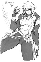 Rule 34 | 1girl, armor, bad id, bad pixiv id, belt, breasts, chain, chain necklace, character name, cropped jacket, eartha (jjune), facial tattoo, faulds, gloves, greyscale, jacket, jewelry, jjune, large breasts, mole, mole under mouth, monochrome, necklace, original, pants, sketch, skindentation, solo, sword, tattoo, weapon