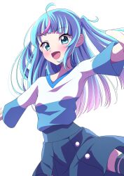 Rule 34 | 1girl, :d, absurdres, ahoge, alternate hair length, alternate hairstyle, blue eyes, blue hair, blue skirt, commentary request, cure sky, eyelashes, gradient hair, happy, highres, hirogaru sky! precure, long hair, looking at viewer, magical girl, multicolored hair, open mouth, pink hair, precure, s-operator, simple background, skirt, smile, solo, sora harewataru, standing, streaked hair, thighhighs, thighs, white background