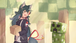 Rule 34 | 1girl, alternate costume, animal ears, black hair, block (object), casual, creeper, crossover, forest, hair between eyes, hair ornament, hairclip, hololive, jacket, long hair, looking back, minecraft, nature, neko no hoppe, ookami mio, ookami mio (casual), open mouth, surprised, virtual youtuber, wolf ears, yellow eyes