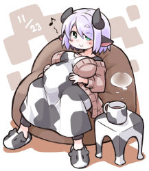 Rule 34 | 1girl, animal ears, animal print, animal slippers, big belly, blush, breasts, cardigan, chair, coffee, cow ears, cow girl, cow horns, cow print, cup, dated, dress, eyes visible through hair, green eyes, hair over one eye, hands on own stomach, highres, horns, kugelschreiber, large breasts, light purple hair, mug, musical note, open cardigan, open clothes, original, pregnant, short hair, sitting, slippers, smile, solo