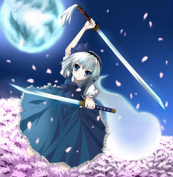 Rule 34 | 1girl, aqua eyes, bad id, bad pixiv id, bow, bowtie, cherry blossoms, dual wielding, female focus, full moon, ghost, hairband, highres, holding, katana, konpaku youmu, konpaku youmu (ghost), moon, rokutelie, short hair, silver hair, skirt, solo, sword, tanto, touhou, vest, weapon