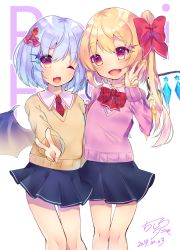 Rule 34 | 2girls, ;d, alternate costume, arm behind back, arm up, bad id, bad pixiv id, bat wings, blonde hair, blue hair, blue skirt, bow, bowtie, chisiro unya (unya draw), contemporary, contrapposto, cowboy shot, crystal, dated, eyes visible through hair, flandre scarlet, hair between eyes, hair ornament, hair ribbon, head tilt, light blue hair, long sleeves, looking at viewer, miniskirt, multiple girls, necktie, one eye closed, open mouth, outstretched hand, pink sweater, plaid neckwear, pleated skirt, remilia scarlet, ribbon, school uniform, short hair, siblings, side-by-side, side ponytail, signature, sisters, skirt, smile, sweater, thigh gap, touhou, v, v-neck, white background, wings