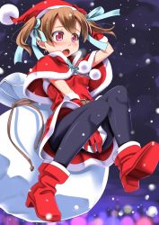 Rule 34 | 10s, 1girl, brown hair, christmas, gloves, hat, miri (ago550421), pantyhose, red eyes, red gloves, sack, santa costume, santa hat, short hair, short twintails, silica, snow, solo, sword art online, twintails