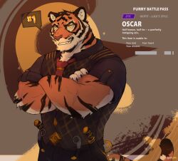 Rule 34 | 1boy, animal ears, bara, cowboy shot, crossed arms, dagger, english text, fortnite, furry, furry male, highres, knife, looking at viewer, luck like, male focus, mature male, muscular, muscular male, orange fur, oscar (fortnite), scar, scar on arm, sheath, sheathed, short hair, smile, smirk, solo, spoken number, tail, thick eyebrows, tiger boy, tiger ears, tiger tail, weapon