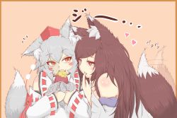 Rule 34 | 2girls, animal ears, arm ribbon, baked potato, bare shoulders, begging, blush stickers, brown hair, commentary request, cube85, detached sleeves, eating, fang, finger in own mouth, food, hat, heart, highres, imaizumi kagerou, inubashiri momiji, long hair, long sleeves, multiple girls, off shoulder, red eyes, revision, ribbon, ribbon-trimmed sleeves, ribbon trim, roasted sweet potato, silver hair, staring, sweet potato, tail, tail wagging, tokin hat, touhou, translated, wide sleeves, wolf ears, wolf tail, roasted sweet potato, yellow eyes