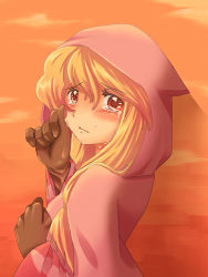 Rule 34 | 1girl, 2003204, alternate color, atsurikacha, blonde hair, braid, breasts, cloak, crying, crying with eyes open, female focus, final fantasy, final fantasy tactics, final fantasy tactics: hakuma doushi shibari, gloves, hood, hooded cloak, long hair, looking back, lowres, red eyes, robe, solo, tears, twin braids, twintails, upper body, white mage, white mage (fft), white mage (final fantasy)