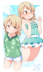Rule 34 | 1girl, bad id, bad pixiv id, bare arms, bare shoulders, blush, brown eyes, cinderella girls gekijou, closed mouth, collarbone, commentary request, green one-piece swimsuit, green shirt, hair between eyes, hair ornament, hands up, idolmaster, idolmaster cinderella girls, light brown hair, morikubo nono, multiple views, nose blush, one-piece swimsuit, parted lips, polka dot, polka dot swimsuit, shirt, short shorts, short sleeves, shorts, star (symbol), star hair ornament, sweat, swimsuit, translation request, uccow, white shorts