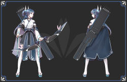 Rule 34 | 1girl, black background, blue eyes, blue hair, border, bow, bow (weapon), choker, cloak, full body, geta, hair bow, hair rings, highres, japanese clothes, legs apart, matching hair/eyes, multiple views, pixiv fantasia, pixiv fantasia t, ponytail, quiver, sandals, science fiction, standing, tabi, thighhighs, ttc, weapon, white thighhighs