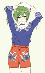 Rule 34 | 1boy, a3!, arms up, blouse, blue choker, blue shirt, blush, brown eyes, choker, closed mouth, commentary request, cowboy shot, floral print, girly boy, green hair, grey background, hands up, hat, highres, male focus, pas (paxiti), red shorts, rurikawa yuki, shirt, shorts, simple background, solo, standing, trap, white hat