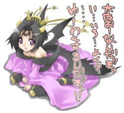 Rule 34 | 1girl, bat (symbol), bat wings, black hair, blush stickers, breasts, chicago-x, cleavage, demon girl, digimon, digimon (creature), facial mark, female focus, forehead mark, hair ornament, horns, lilithmon, pointy ears, purple eyes, seven great demon lords, smile, solo, translation request, wings, aged down