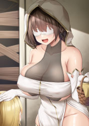 Rule 34 | 2girls, absurdres, bare arms, basket, blindfold, blonde hair, blunt bangs, blush, braid, breasts, brown hair, cleavage, collarbone, commentary request, covered erect nipples, dress, elbow gloves, gloves, hair ribbon, headpat, highres, holding, holding basket, hood, kusana (dudqja602), large breasts, multiple girls, open mouth, original, ribbon, skindentation, standing, white dress, white gloves