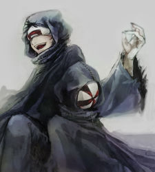 Rule 34 | 2boys, :d, bin brothers, black hair, brothers, cloak, commentary request, eye mask, grey background, half mask, hood, hood up, hooded cloak, long sleeves, male focus, mask, multiple boys, open mouth, siblings, simple background, smile, straw like, teeth, tokyo ghoul, torn cloak, torn clothes, upper teeth only