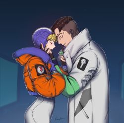 Rule 34 | 1boy, 1girl, animification, apex legends, bailian, black gloves, black hair, blonde hair, blue gloves, blue headwear, blush, bodysuit, closed eyes, crypto (apex legends), from side, gloves, green sleeves, hand on another&#039;s face, hetero, highres, hood, hooded jacket, jacket, open mouth, orange jacket, partially fingerless gloves, signature, wattson (apex legends), white bodysuit, white jacket