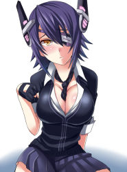 Rule 34 | 10s, 1girl, blush, breasts, cleavage, eyepatch, female focus, gloves, headgear, kantai collection, large breasts, nishida megane, purple hair, school uniform, short hair, simple background, solo, tenryuu (kancolle), white background, yellow eyes