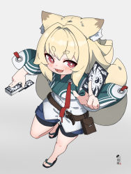 Rule 34 | 1girl, :d, animal ear fluff, animal ears, between fingers, bike shorts, black footwear, black shorts, blonde hair, blue shorts, blush, card, commentary request, fox ears, fox girl, fox tail, full body, grey background, holding, holding card, indie virtual youtuber, kamiya ris, kuro kosyou, long sleeves, looking at viewer, open mouth, red eyes, sandals, short eyebrows, short shorts, shorts, shorts under shorts, simple background, smile, solo, standing, standing on one leg, tail, thick eyebrows, virtual youtuber, wide sleeves, yin yang, zouri