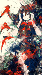 Rule 34 | 1girl, abstract, abstract background, asymmetrical wings, bad id, bad pixiv id, bare legs, black dress, black hair, bow, dress, flat color, hands up, highres, houjuu nue, large bow, looking at viewer, medium hair, meola, multicolored background, paint splatter, red bow, red eyes, smile, snake, solo, touhou, wings
