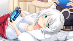 Rule 34 | 1boy, 1girl, ahoge, aqua eyes, belt, blush, frown, handheld game console, head out of frame, hetero, highres, indoors, lap pillow, long hair, looking at viewer, lying, neet, on side, pants, pillow, playing games, polka dot, protagonist (x-overd), shirt, solo focus, sweatpants, t-shirt, tinyl, underwear, white hair, white pants, white shirt, x-overd, yukeshi