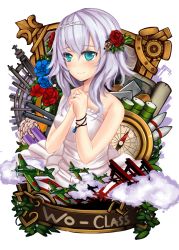 Rule 34 | 10s, 1girl, abyssal ship, aircraft, airplane, alternate costume, aqua eyes, bare shoulders, bride, character name, compass, dress, flower, hair flower, hair ornament, highres, jewelry, kantai collection, ring, rose, sekigan, short hair, silver hair, smile, solo, tiara, wedding dress, wo-class aircraft carrier