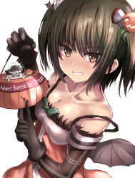 Rule 34 | 10s, 2girls, abyssal ship, alternate costume, bare shoulders, blue eyes, blush, breasts, brown eyes, brown hair, cleavage, collarbone, gloves, grin, halloween, hard-translated, in container, kantai collection, looking at viewer, mini person, minigirl, multiple girls, night battle idiot, pumpkin, sendai (kancolle), short hair, silver hair, simple background, smile, strap slip, tai (nazutai), third-party edit, translated, two side up, white background, wo-class aircraft carrier