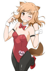 Rule 34 | 1girl, animal ears, bare shoulders, black pantyhose, blush, bow, bowtie, breasts, brown eyes, brown hair, cleavage, covered navel, detached collar, fernandia malvezzi, grin, leotard, long hair, medium breasts, name tag, nontraditional playboy bunny, one eye closed, pantyhose, playboy bunny, red leotard, smile, solo, strike witches, strike witches: kurenai no majo-tachi, tail, wink, world witches series, wrist cuffs, youkan