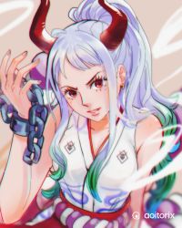 Rule 34 | 1girl, aoitorix, bare shoulders, chain, collarbone, cuffs, curled horns, gradient hair, green hair, high ponytail, highres, horns, japanese clothes, kataginu, looking at viewer, multicolored hair, multicolored horns, one piece, oni, orange horns, red eyes, red horns, rope, shackles, shimenawa, silver hair, solo, upper body, yamato (one piece), yellow horns